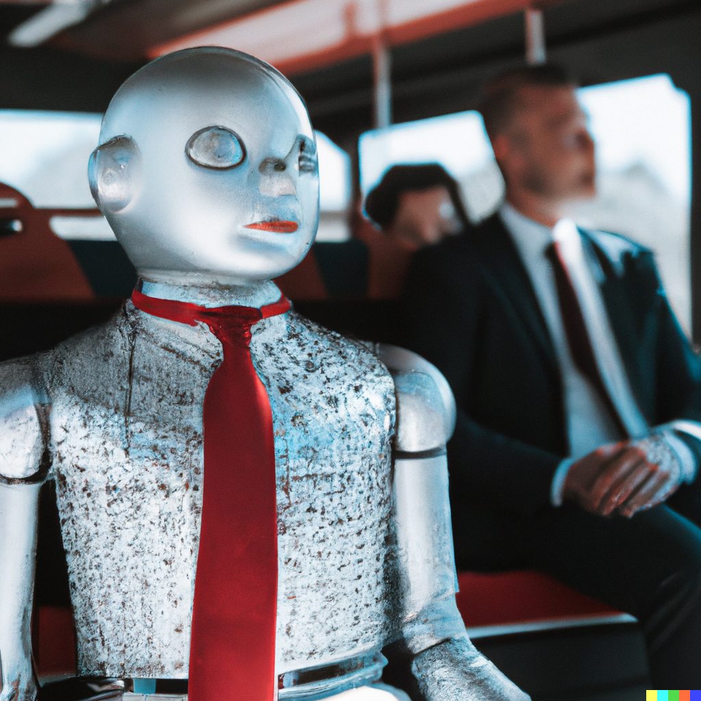 A photo of a humanoid robot wearing a suit and tie seated amongst humans on a red bus.