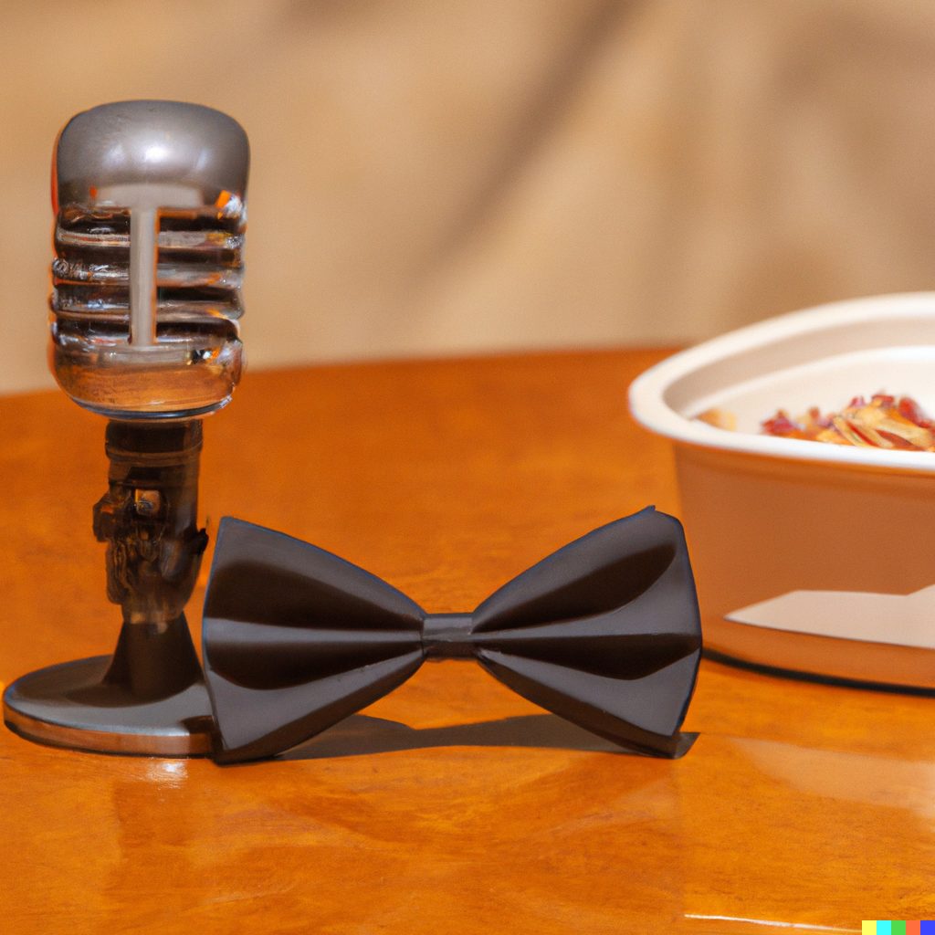 Microphone with a bowtie next to a bowl of spaghetti.
